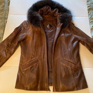 Brown leather hooded fur trim jacket